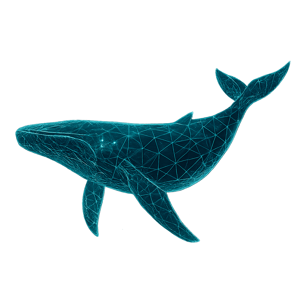 Glowing bioluminescent wireframe of a whale